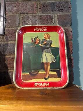 Vintage 1942 Original Coca-Cola Metal Serving Tray Two Girls and Roadster